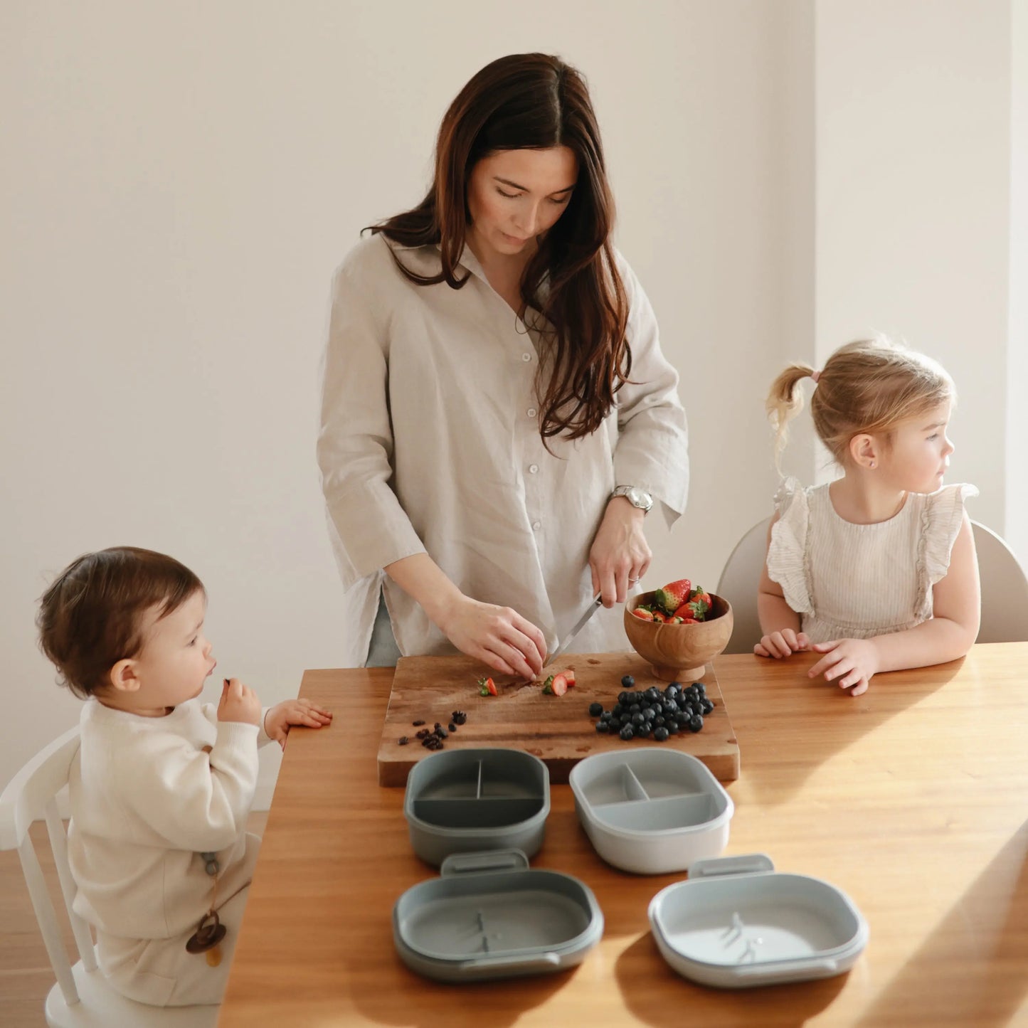 BPA Free Plastic Lunchbox with Built In Compartments and Locking Utensils Mushie