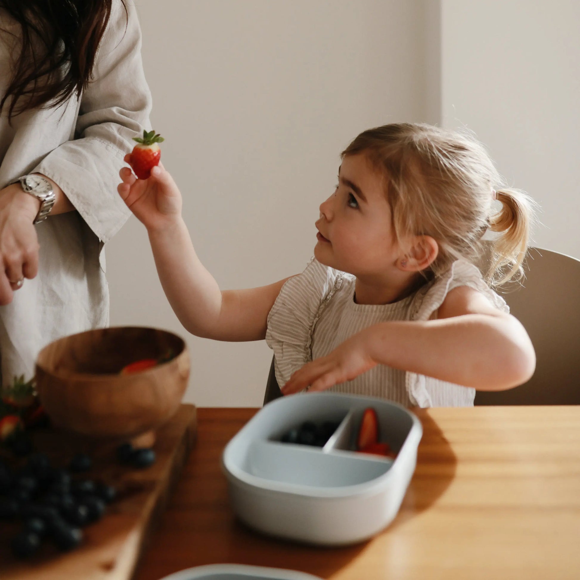 BPA Free Plastic Lunchbox with Built In Compartments and Locking Utensils Mushie