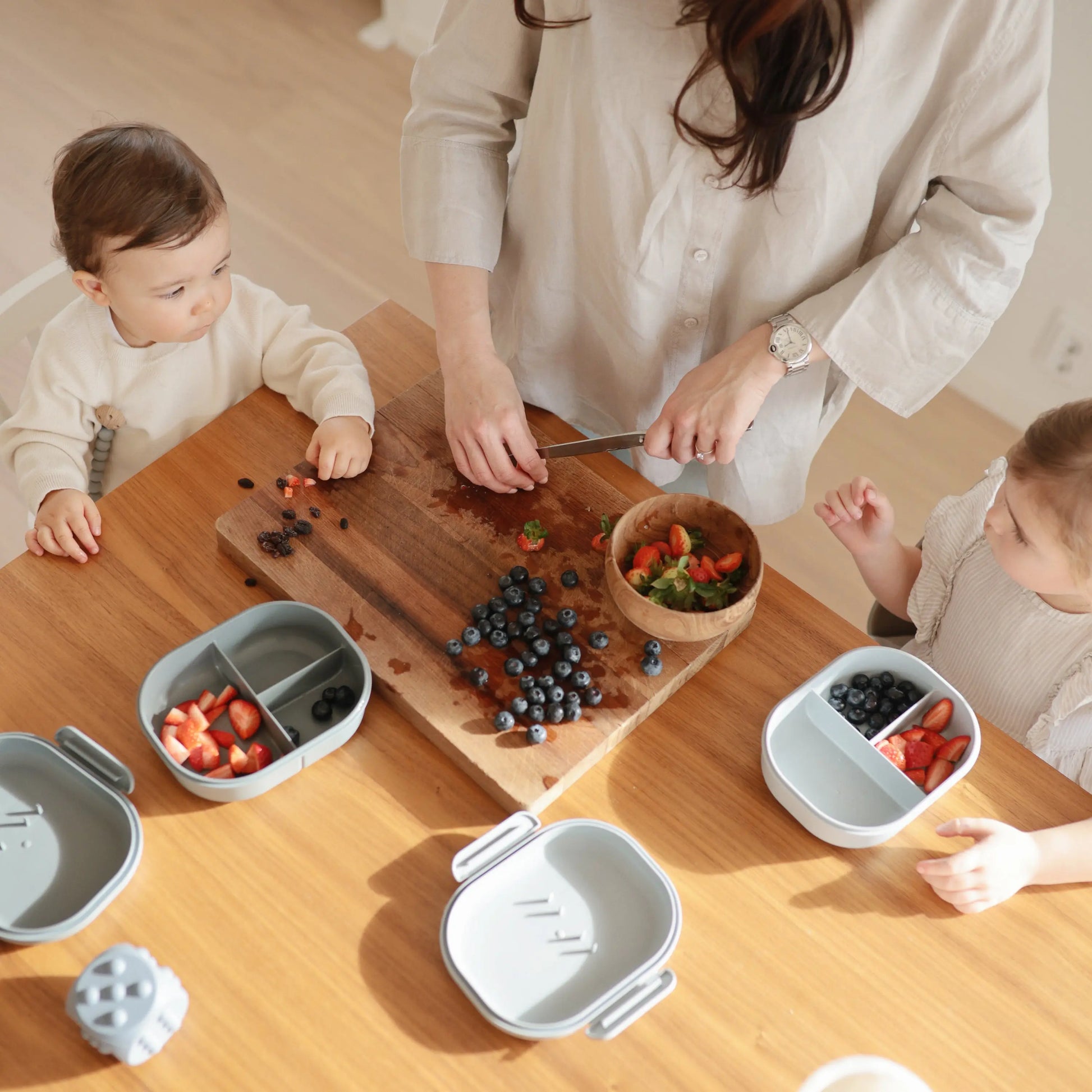 BPA Free Plastic Lunchbox with Built In Compartments and Locking Utensils Mushie