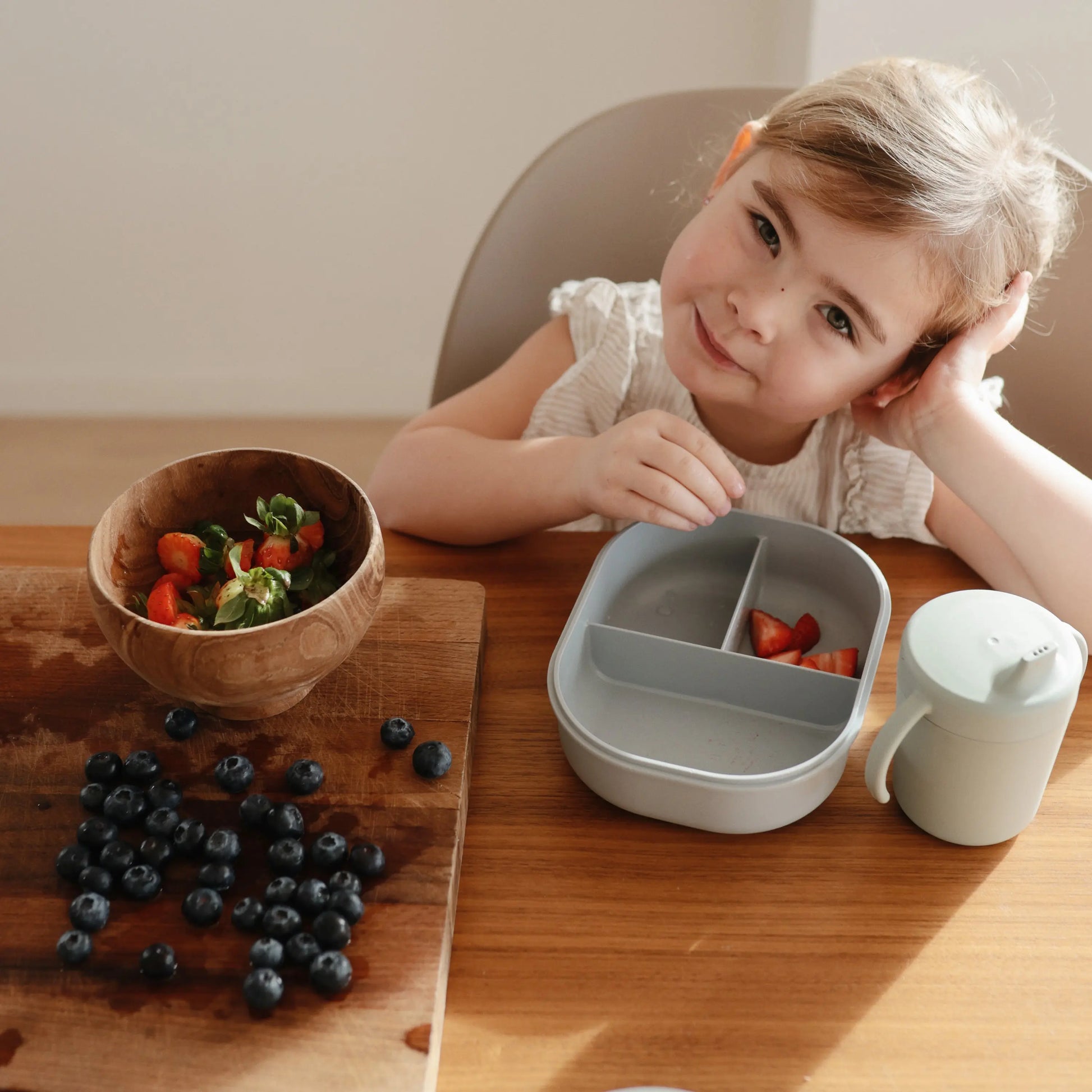 BPA Free Plastic Lunchbox with Built In Compartments and Locking Utensils Mushie