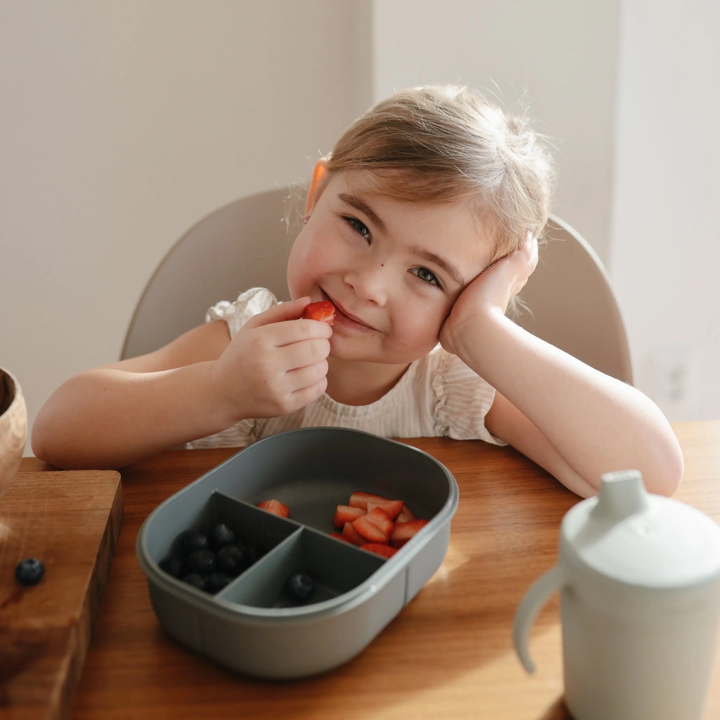 BPA Free Plastic Lunchbox with Built In Compartments and Locking Utensils Mushie