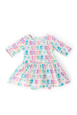 Little Sister 3/4 sleeve twirl bodysuit with a full spinning skirt and snap-bottom closure for baby girls