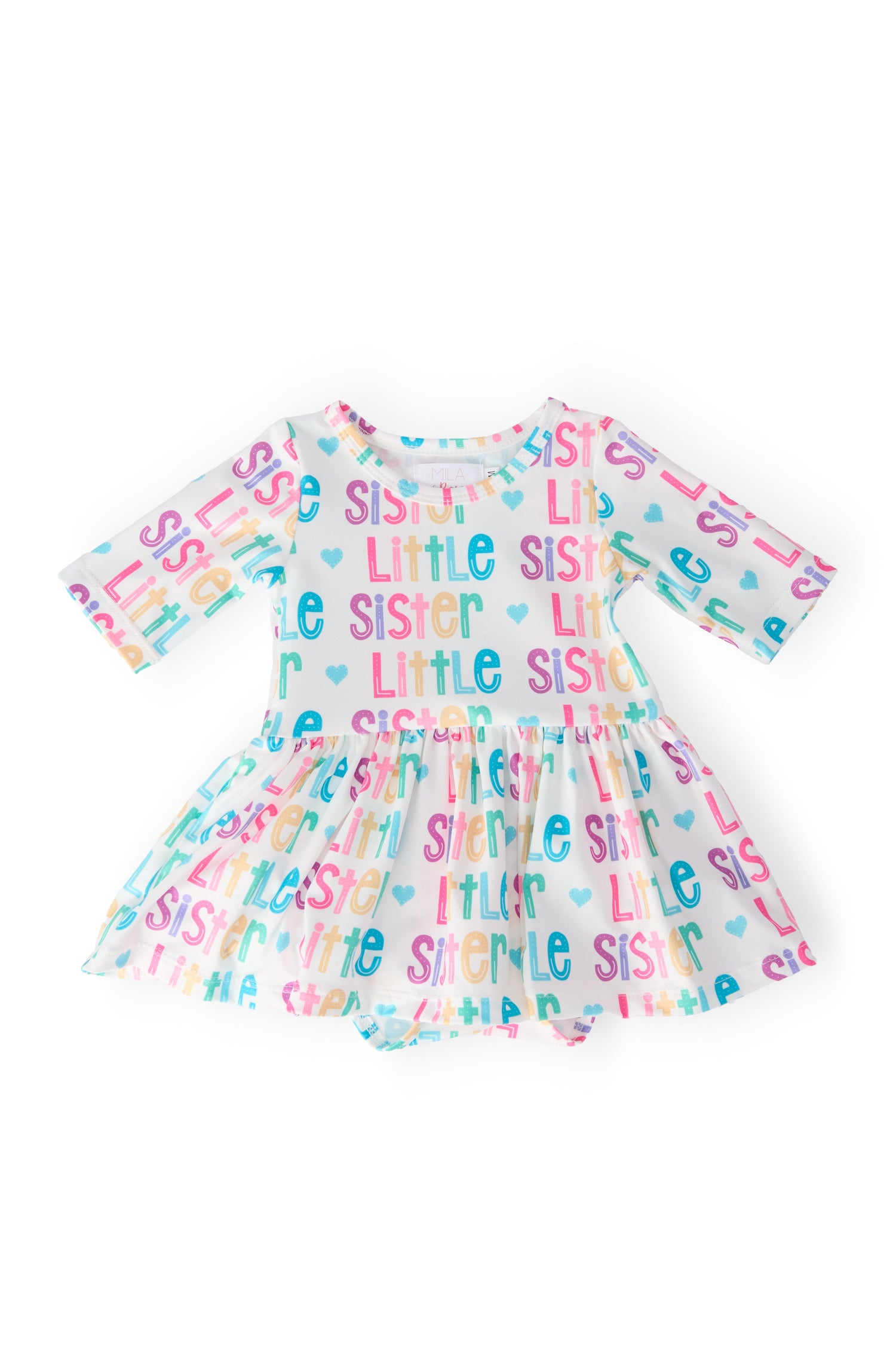 Little Sister 3/4 sleeve twirl bodysuit with a full spinning skirt and snap-bottom closure for baby girls