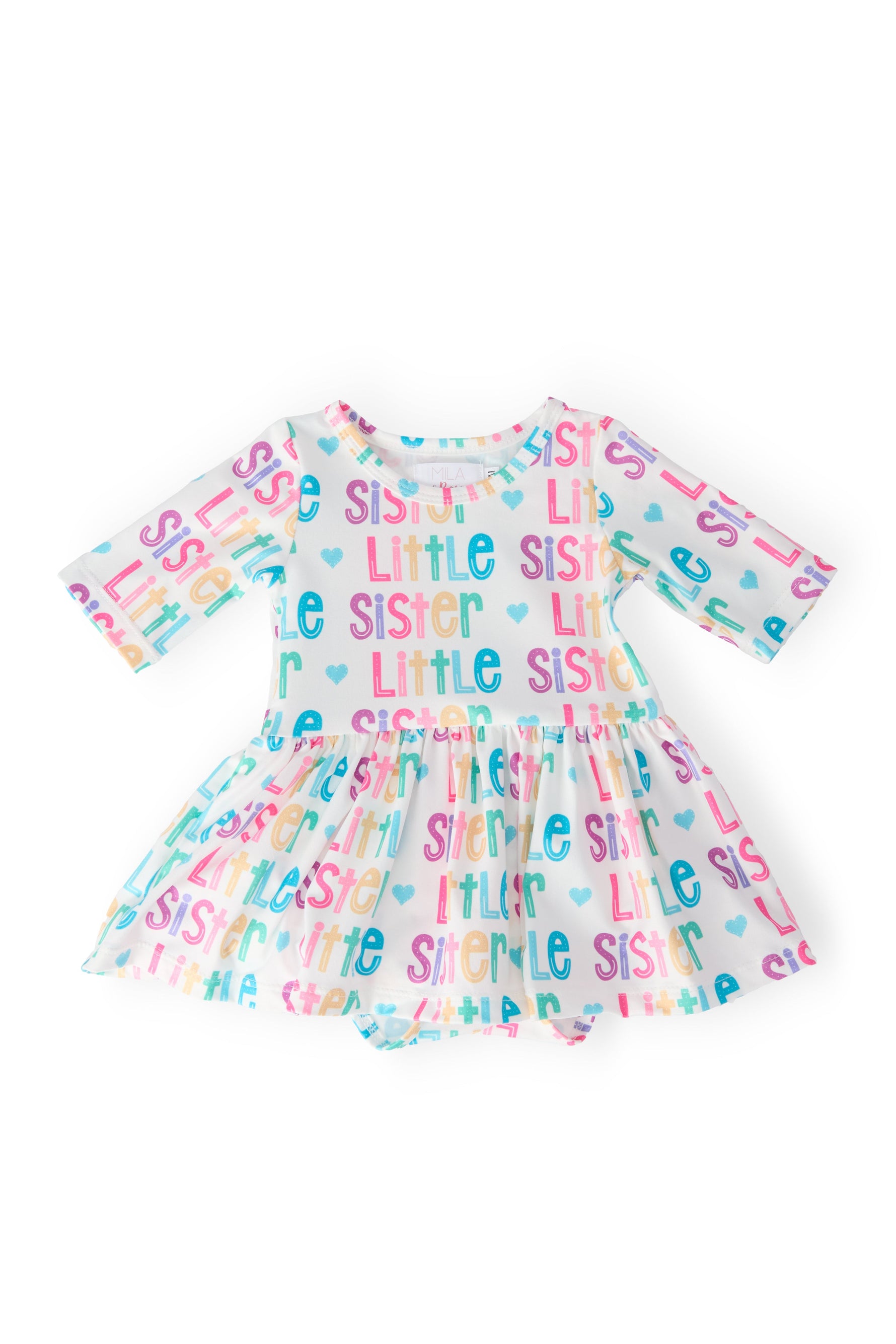 Little Sister 3/4 sleeve twirl bodysuit with a full spinning skirt and snap-bottom closure for baby girls