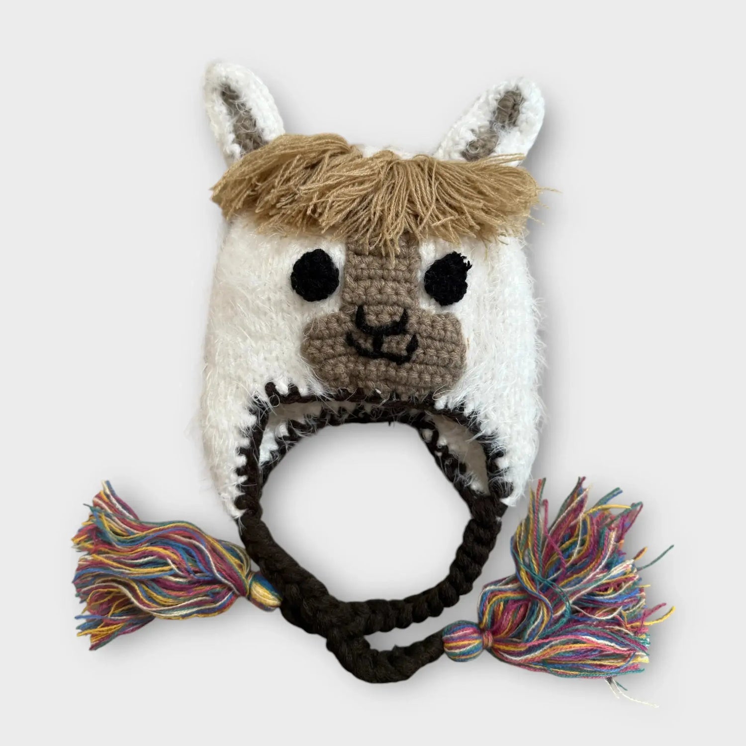 Kolorful Llama Beanie Hat Handmade Soft Fuzzy Knit Cream Feather Yarn with Tan and Brown Accents - Apparel & Accessories > Clothing Accessories > Baby & Toddler Clothing Accessories > Baby & Toddler Hats Accessories