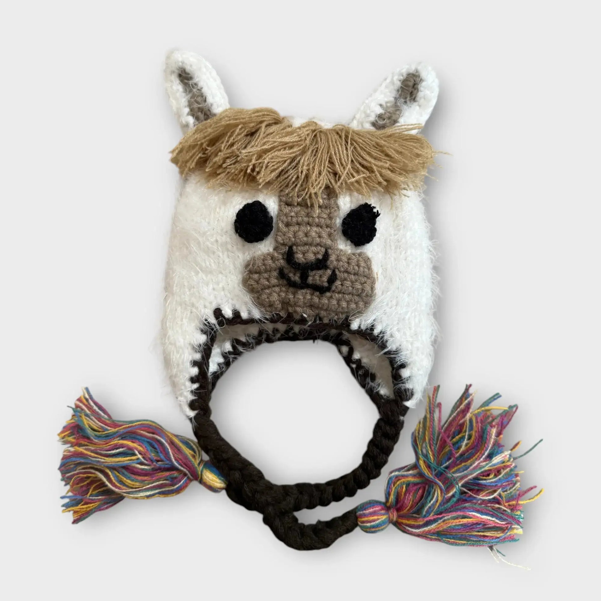 Llama Beanie Hat Handmade Soft Fuzzy Knit Cream Feather Yarn with Tan and Brown Accents Kolorful Everetts Place: Online Boutique 24.00