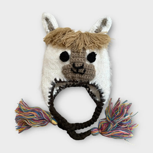Llama Beanie Hat Handmade Soft Fuzzy Knit Cream Feather Yarn with Tan and Brown Accents Kolorful Everetts Place: Online Boutique 24.00