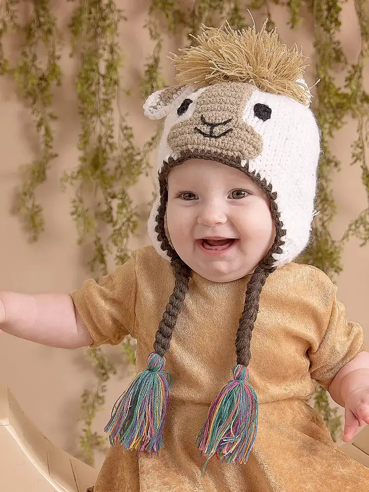 Llama Beanie Hat Handmade Soft Fuzzy Knit Cream Feather Yarn with Tan and Brown Accents Kolorful Everetts Place: Online Boutique 24.00