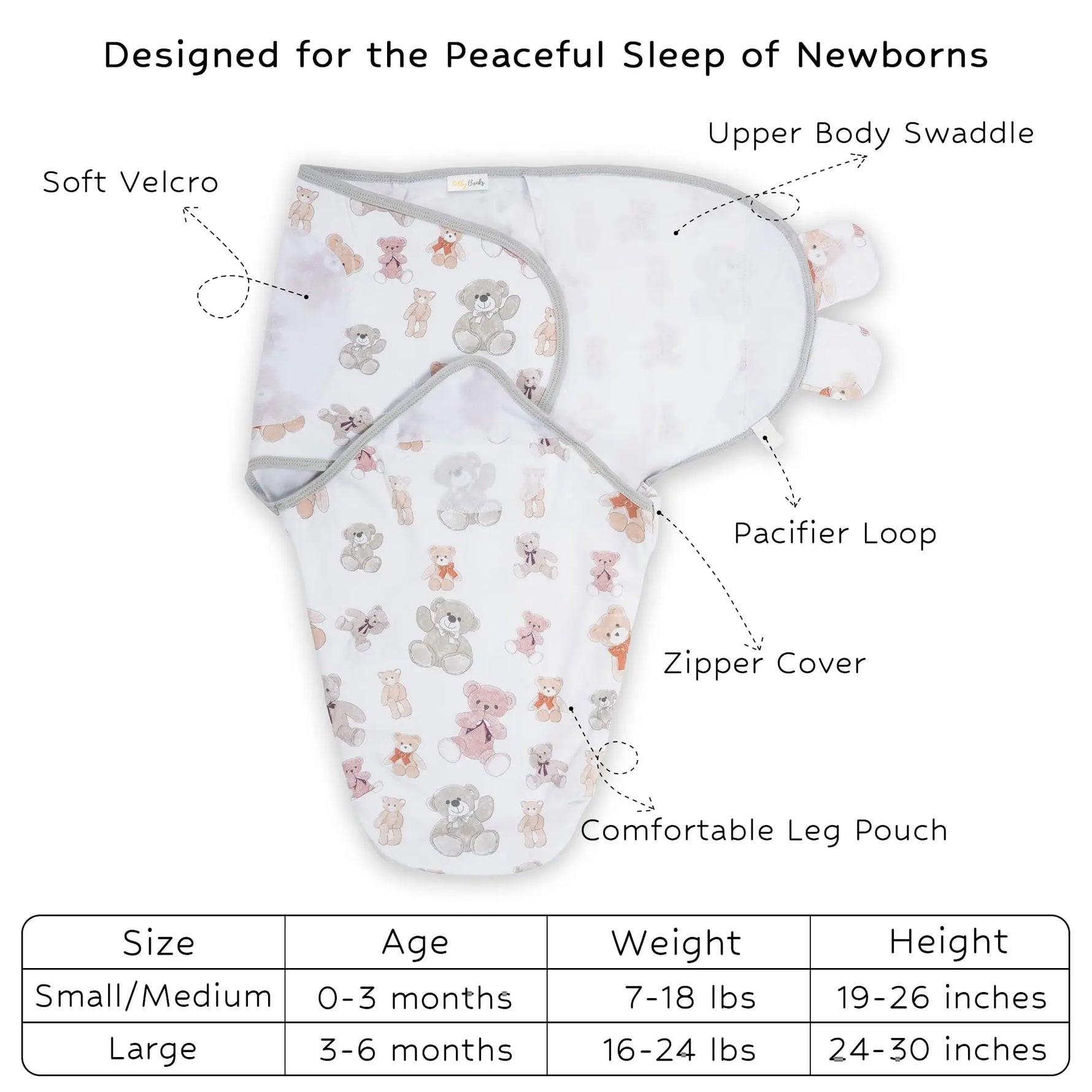LollyBanks Bear Hugs Baby Sleep Swaddle 100% Organic Cotton - 