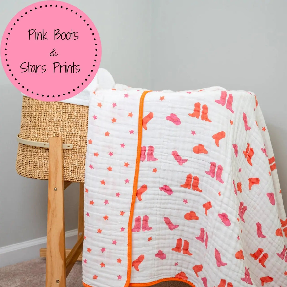 LollyBanks LollyBanks Muslin Baby Blanket, 100% Cotton Lightweight Baby Quilt, 47"x 47" and 6 Layers Newborn Blanket, (Pink Boot Print) - 