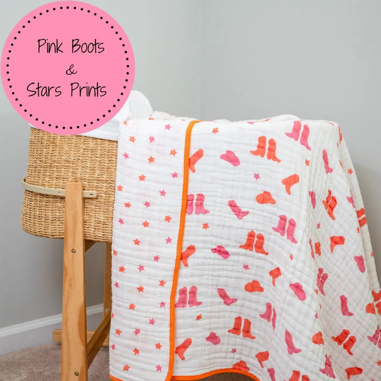 LollyBanks LollyBanks Muslin Baby Blanket, 100% Cotton Lightweight Baby Quilt, 47"x 47" and 6 Layers Newborn Blanket, (Pink Boot Print) - 