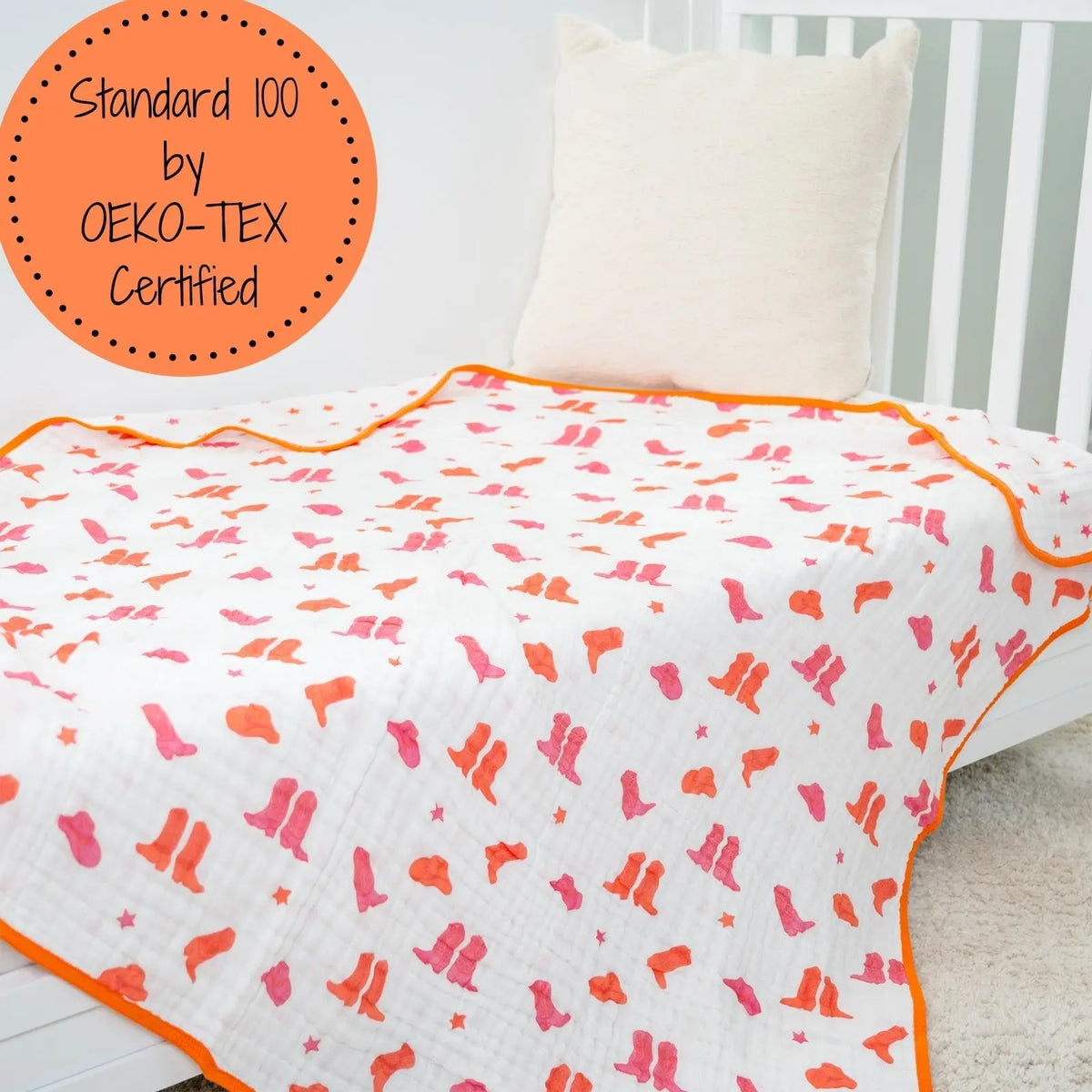 LollyBanks LollyBanks Muslin Baby Blanket, 100% Cotton Lightweight Baby Quilt, 47"x 47" and 6 Layers Newborn Blanket, (Pink Boot Print) - 