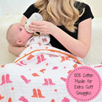 LollyBanks LollyBanks Muslin Baby Blanket, 100% Cotton Lightweight Baby Quilt, 47"x 47" and 6 Layers Newborn Blanket, (Pink Boot Print) - 