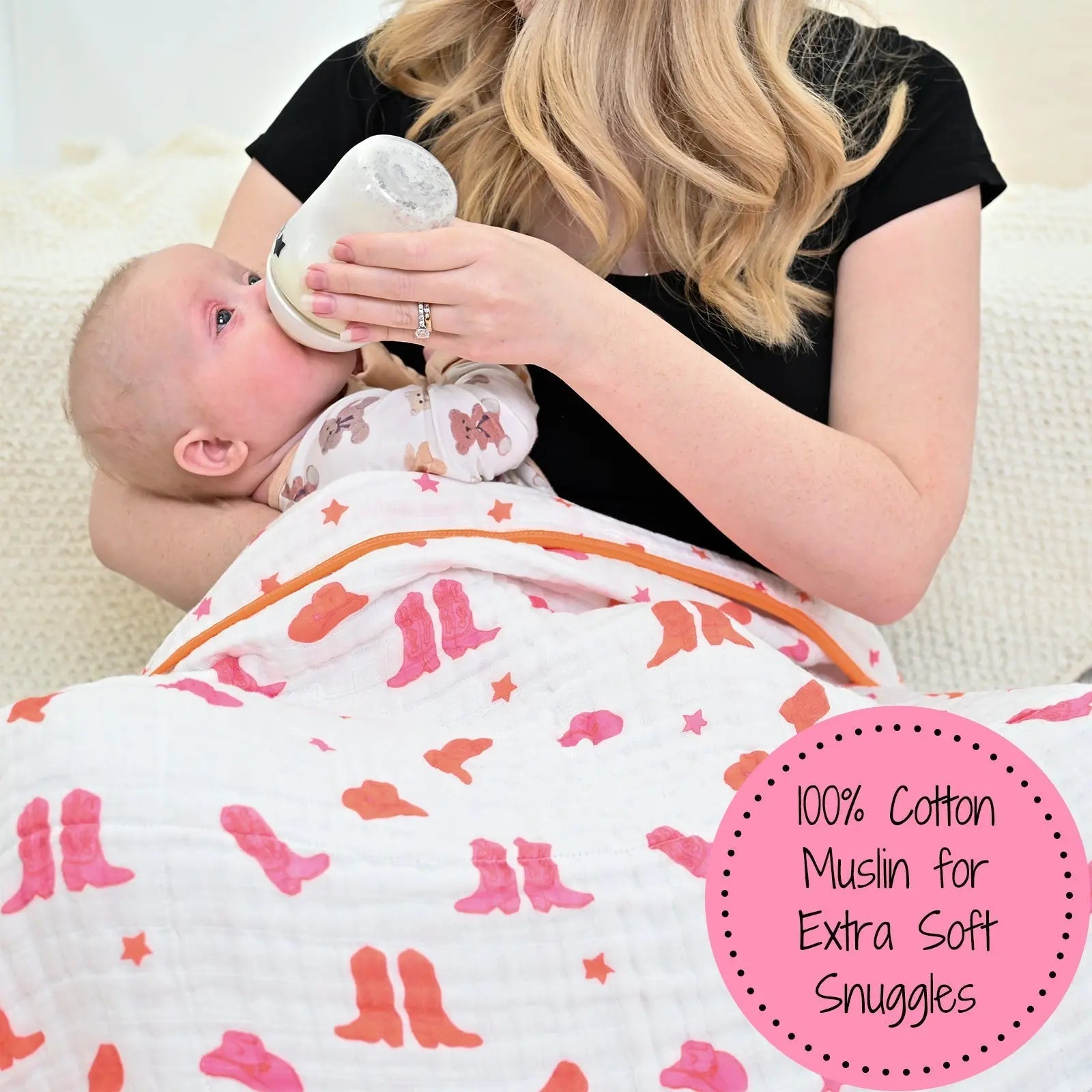 LollyBanks LollyBanks Muslin Baby Blanket, 100% Cotton Lightweight Baby Quilt, 47"x 47" and 6 Layers Newborn Blanket, (Pink Boot Print) - 