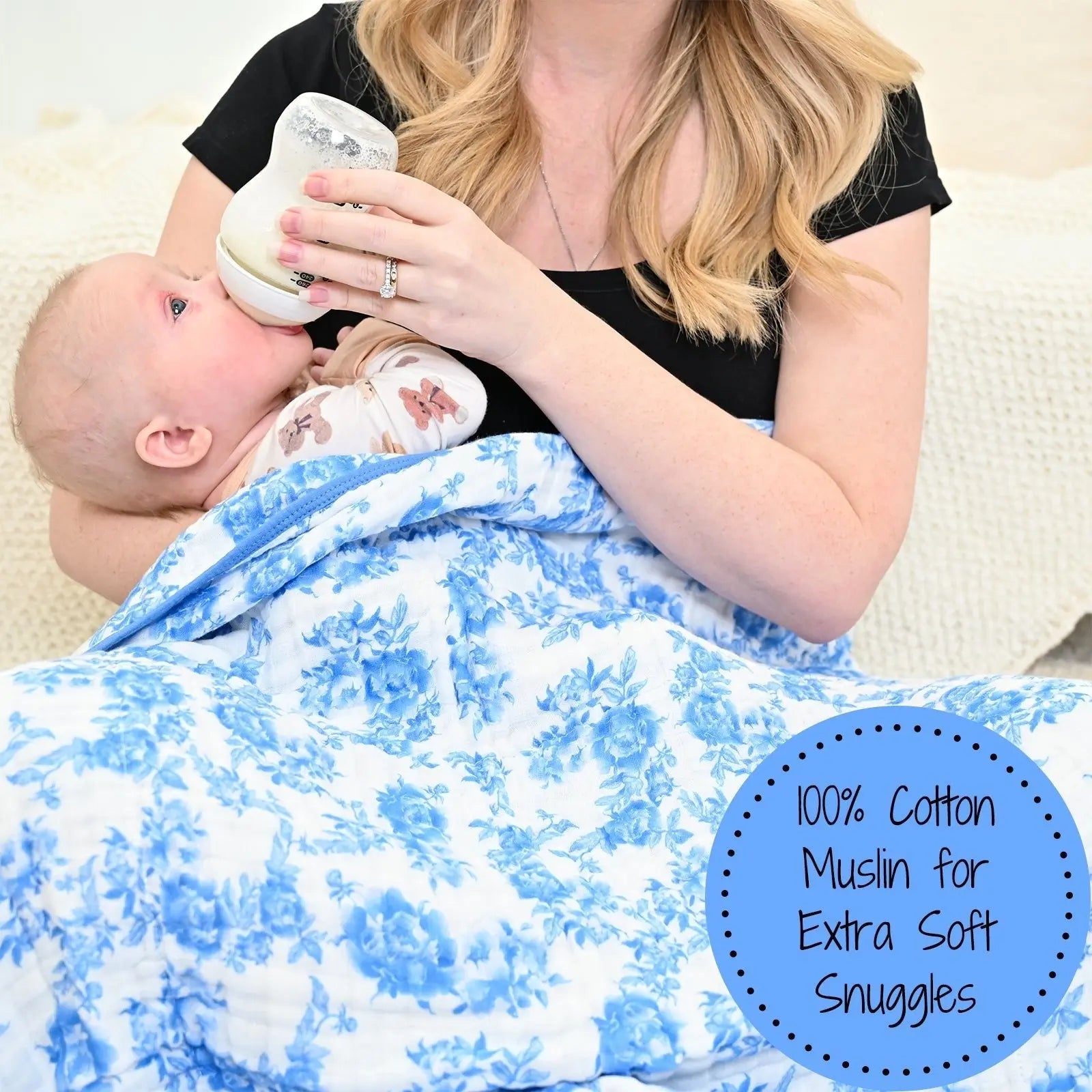 LollyBanks LollyBanks Muslin Baby Blanket, 100% Cotton Lightweight Baby Quilt, 47"x 47" and 6 Layers Newborn Blanket, (Blue Peony Print) - 