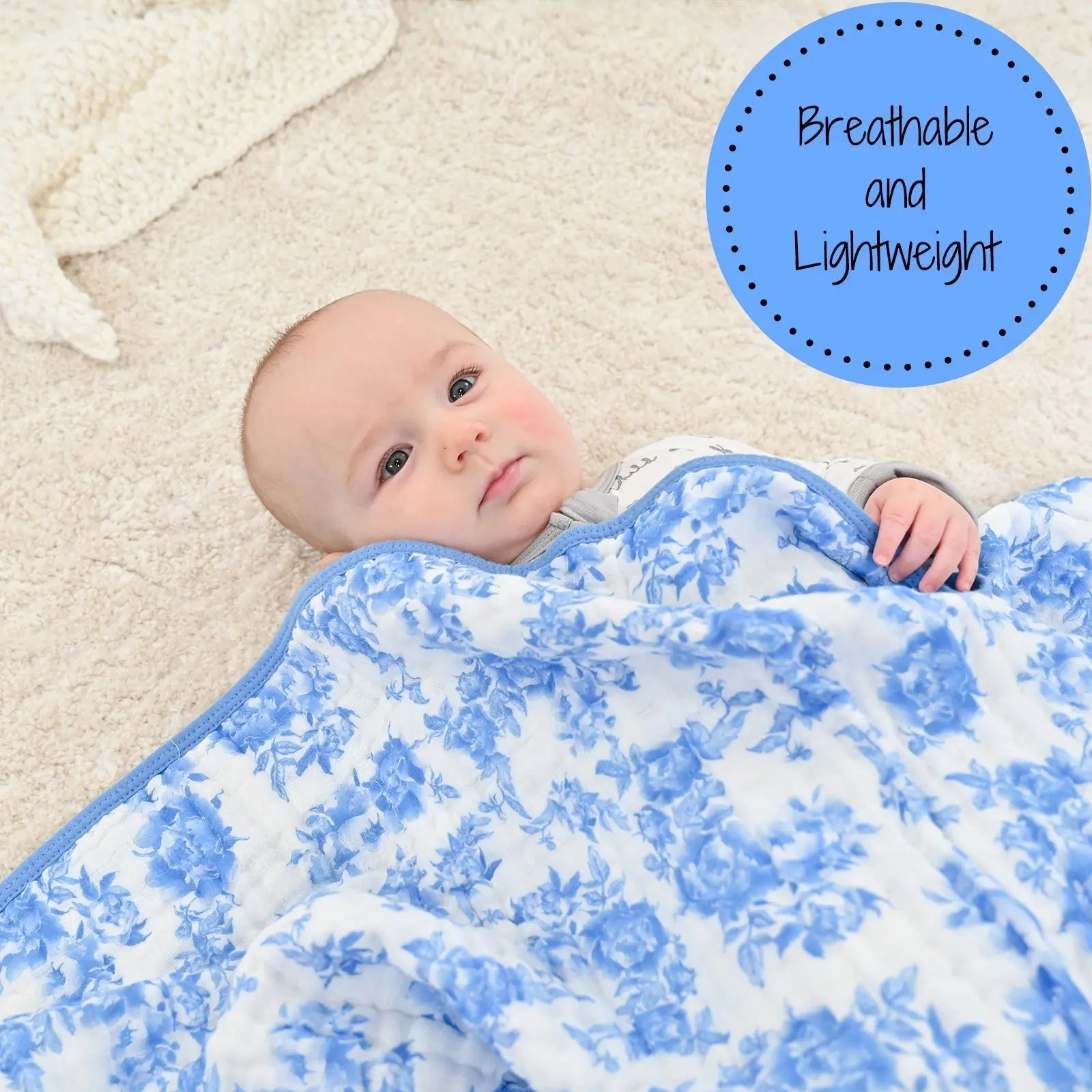 LollyBanks LollyBanks Muslin Baby Blanket, 100% Cotton Lightweight Baby Quilt, 47"x 47" and 6 Layers Newborn Blanket, (Blue Peony Print) - 