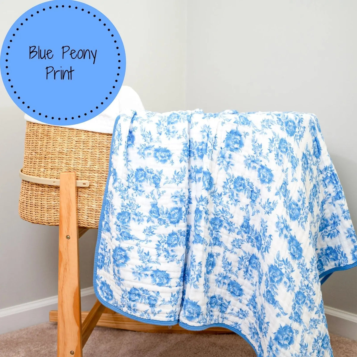 LollyBanks LollyBanks Muslin Baby Blanket, 100% Cotton Lightweight Baby Quilt, 47"x 47" and 6 Layers Newborn Blanket, (Blue Peony Print) - 