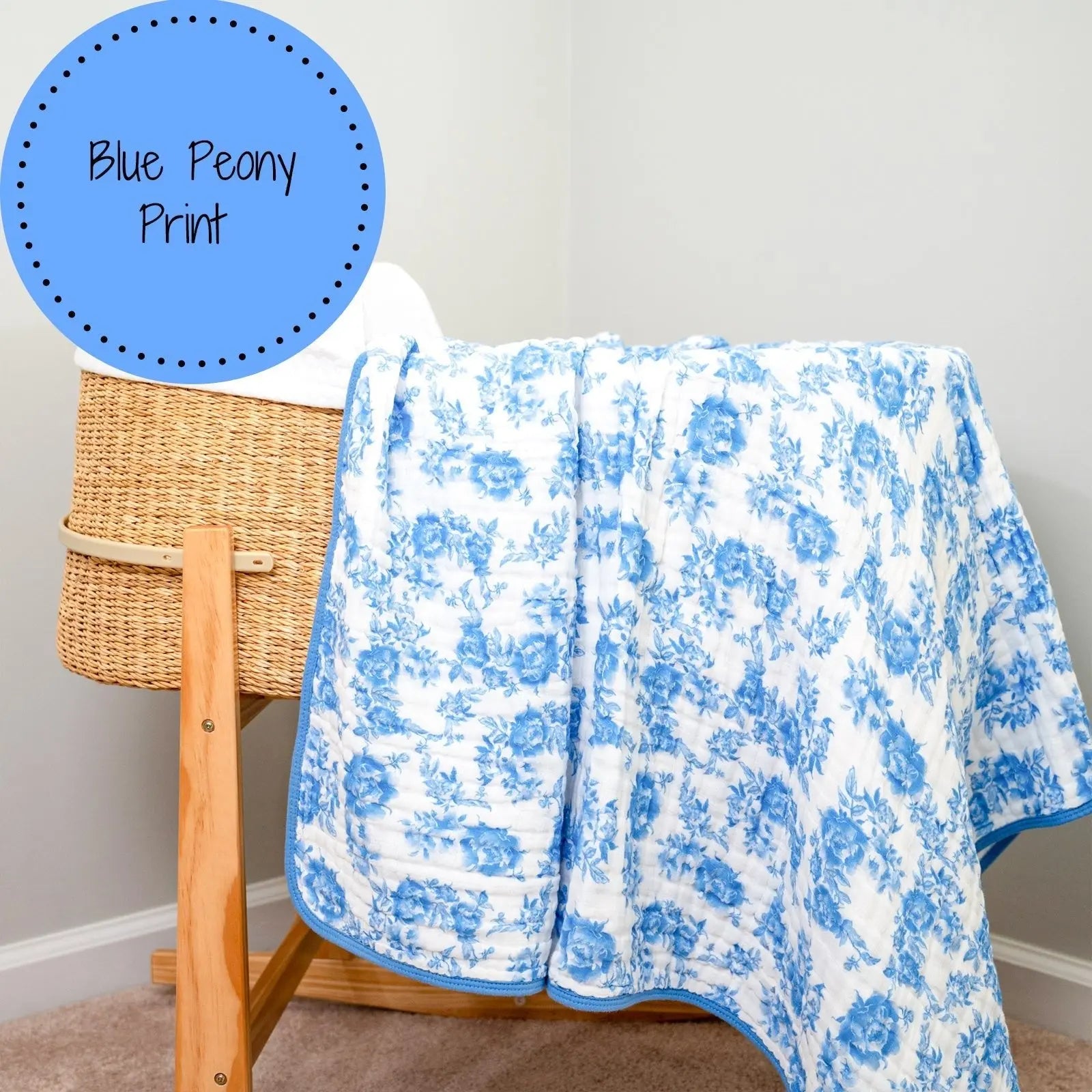 LollyBanks LollyBanks Muslin Baby Blanket, 100% Cotton Lightweight Baby Quilt, 47"x 47" and 6 Layers Newborn Blanket, (Blue Peony Print) - 