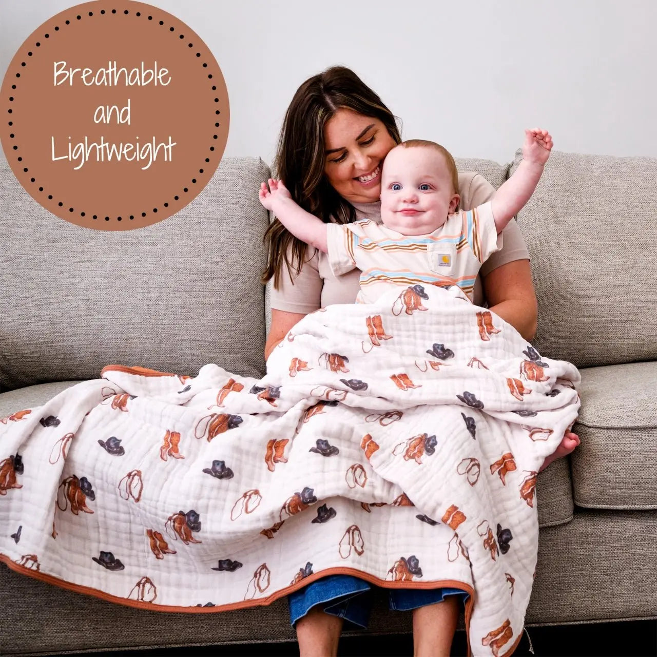LollyBanks LollyBanks Muslin Baby Blanket, 100% Cotton Lightweight Baby Quilt, 47"x 47" and 6 Layers Newborn Blanket, (Cowboy Print) - 