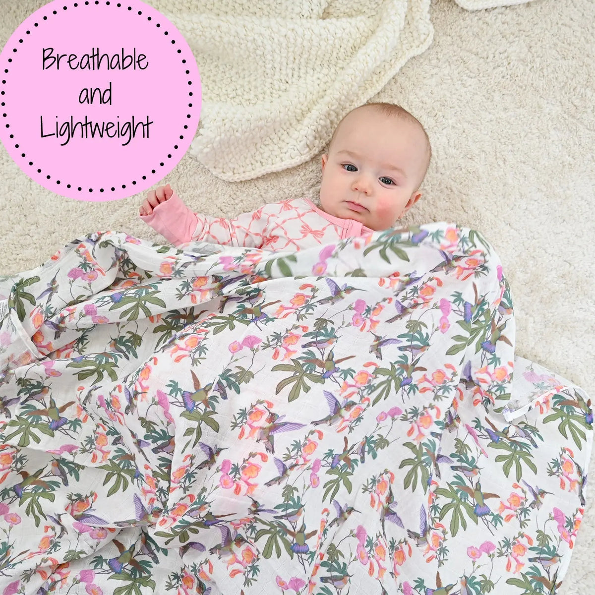 LollyBanks LollyBanks Muslin Swaddle Blankets, 100% Cotton Baby Blanket, 47"x 47" Newborn Swaddle Blanket, (Hummingbird Pattern) - 