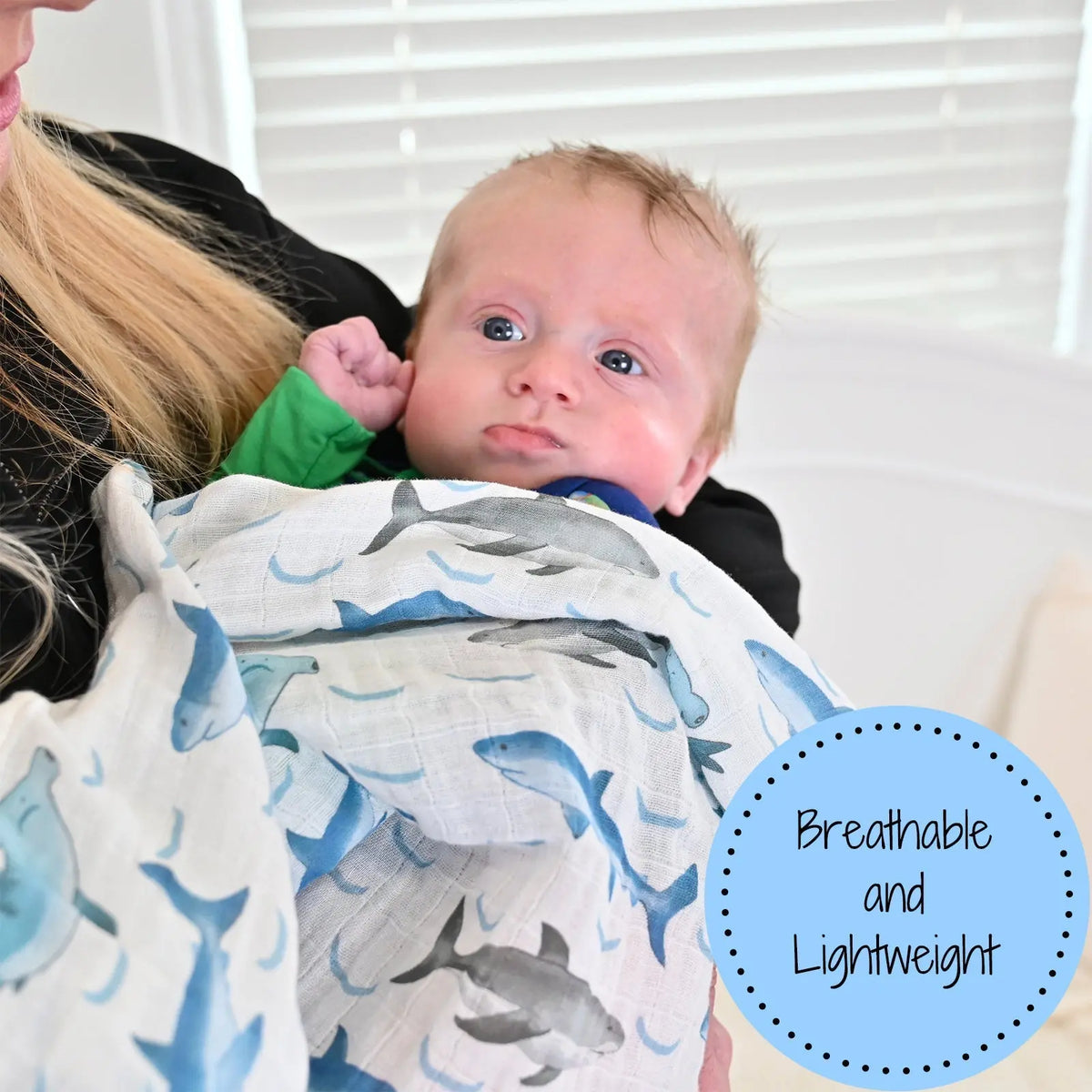 LollyBanks LollyBanks Muslin Swaddle Blankets, 100% Cotton Baby Blanket, 47"x 47" Newborn Swaddle Blanket, (Shark Print) - 