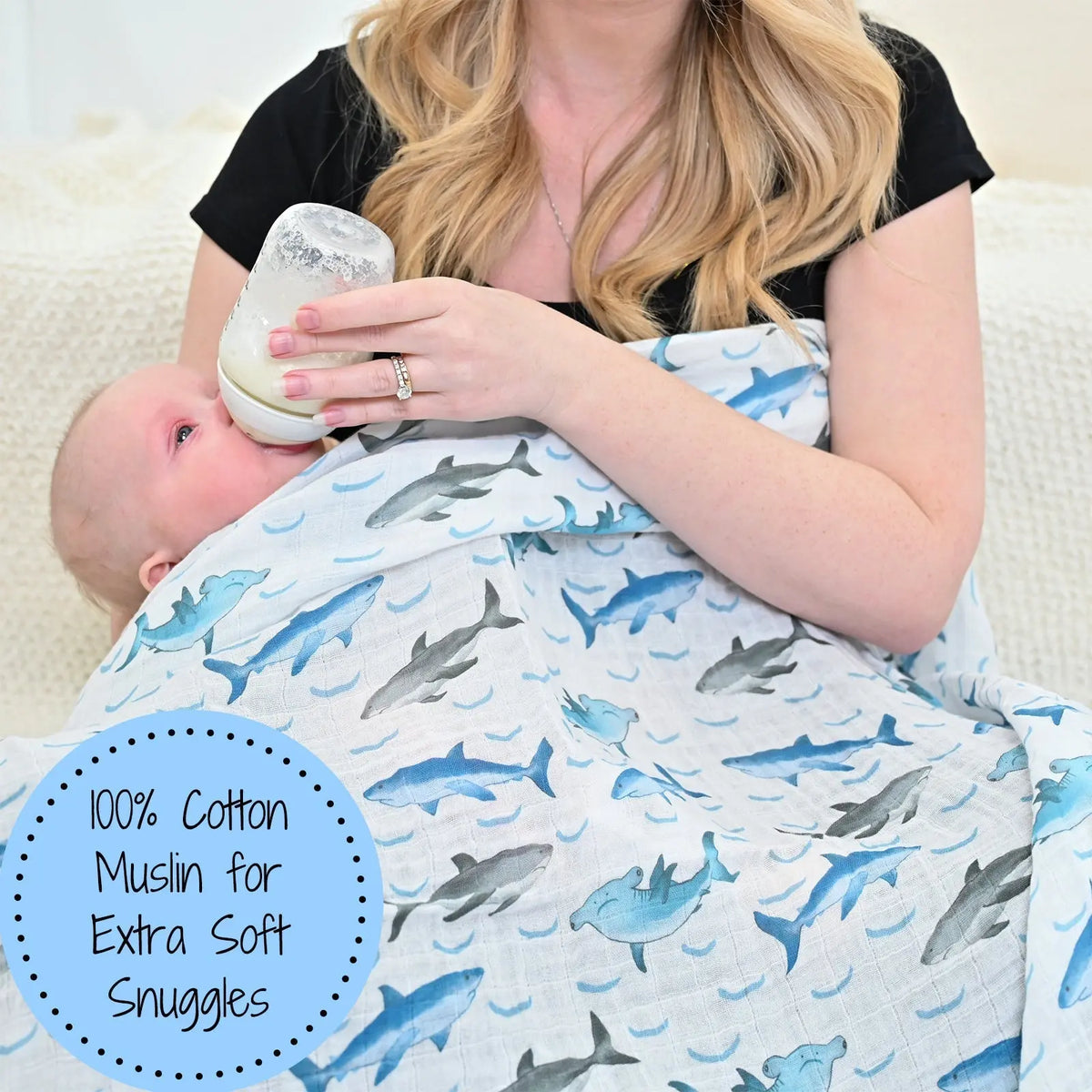 LollyBanks LollyBanks Muslin Swaddle Blankets, 100% Cotton Baby Blanket, 47"x 47" Newborn Swaddle Blanket, (Shark Print) - 