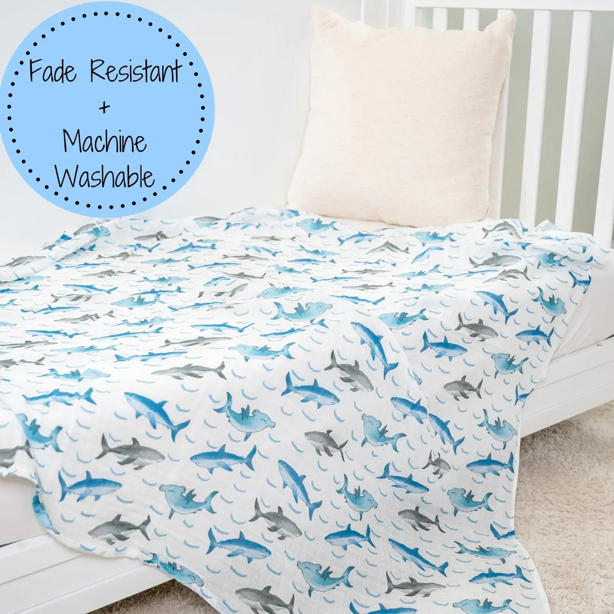 LollyBanks LollyBanks Muslin Swaddle Blankets, 100% Cotton Baby Blanket, 47"x 47" Newborn Swaddle Blanket, (Shark Print) - 