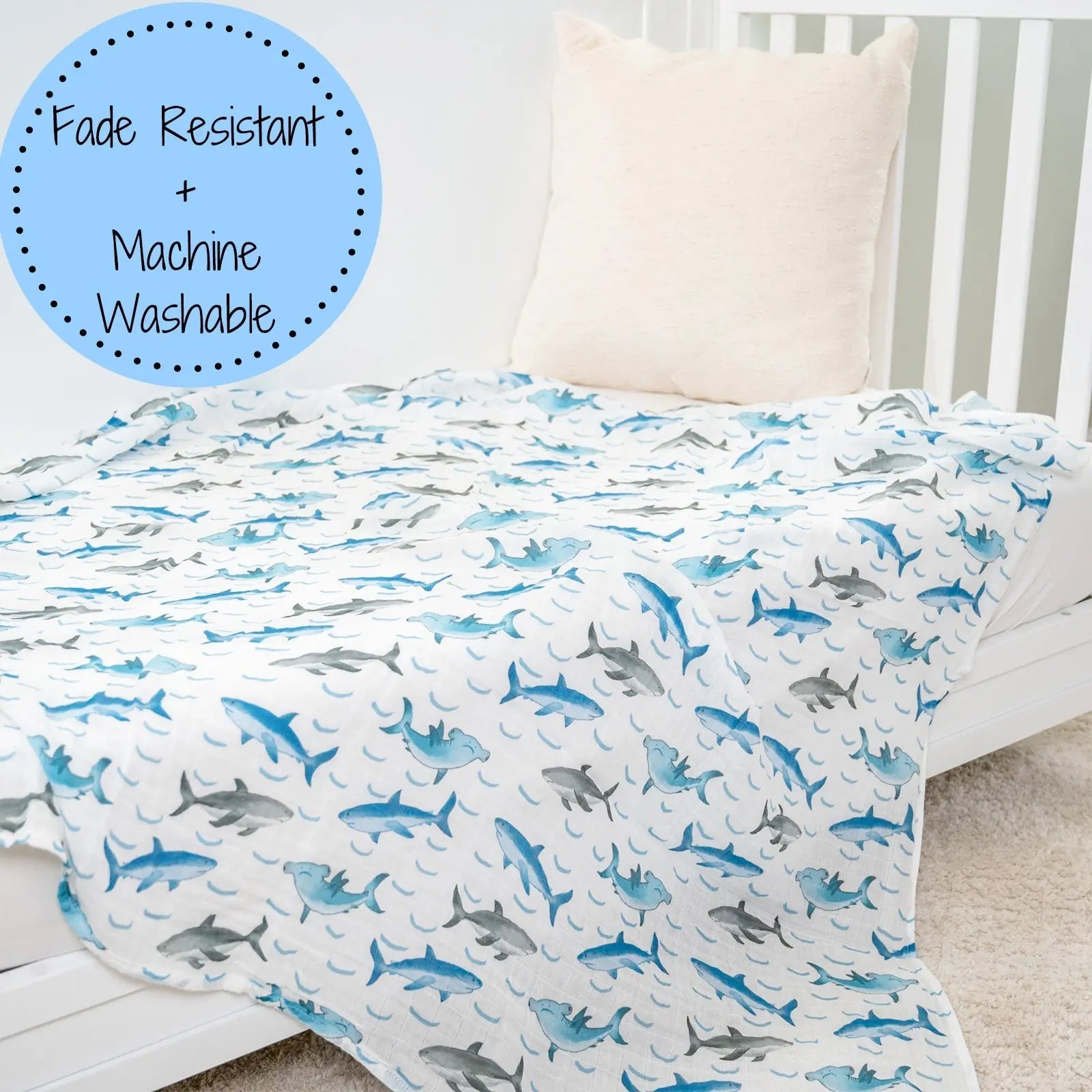 LollyBanks LollyBanks Muslin Swaddle Blankets, 100% Cotton Baby Blanket, 47"x 47" Newborn Swaddle Blanket, (Shark Print) - 