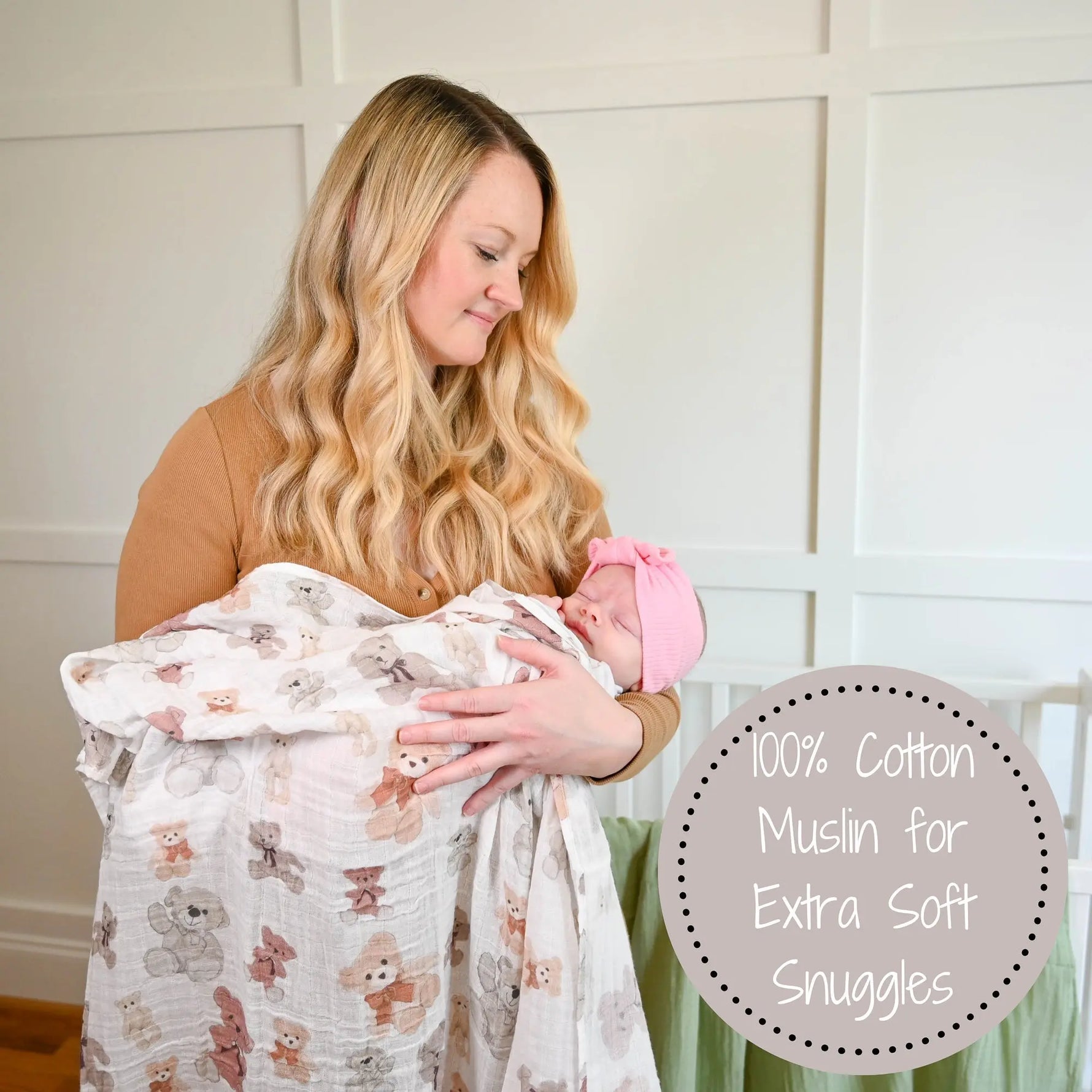 LollyBanks LollyBanks Muslin Swaddle Blankets, 100% Cotton Baby Blanket, 47"x 47" Newborn Swaddle Blanket, (Teddy Bear Print) - 