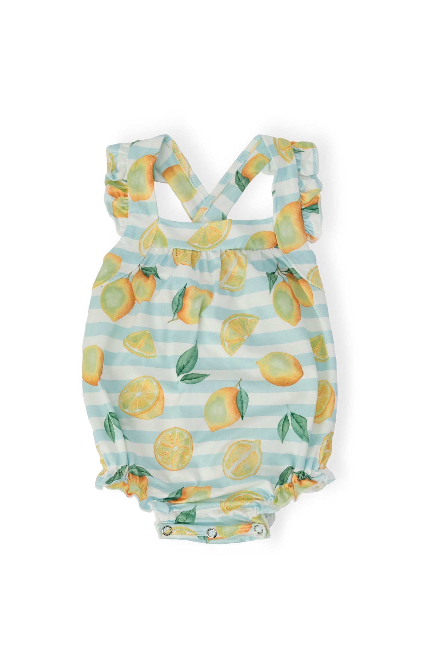 Ruffle cross back romper in a lemon print with ruffled shoulder and criss-cross straps at the back