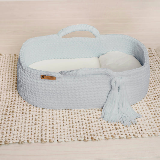 Light Blue Carry Cot with Removable Mattress and Organic Cotton Knit Weave Finn + Emma