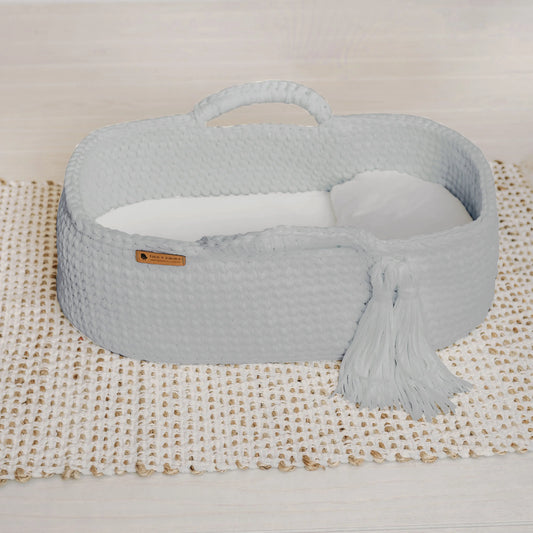 Carry Cot Dove Organic Cotton Crocheted Knit Weave Baby Bassinet Finn + Emma