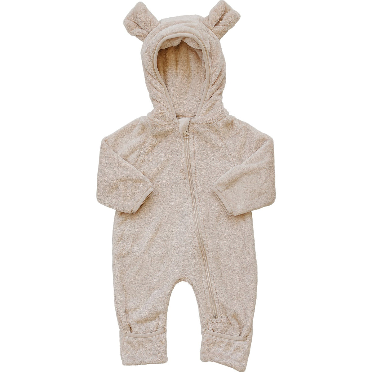 Baby one-piece fleece zip-up with hood featuring bear ears and fold-over hand and foot cuffs