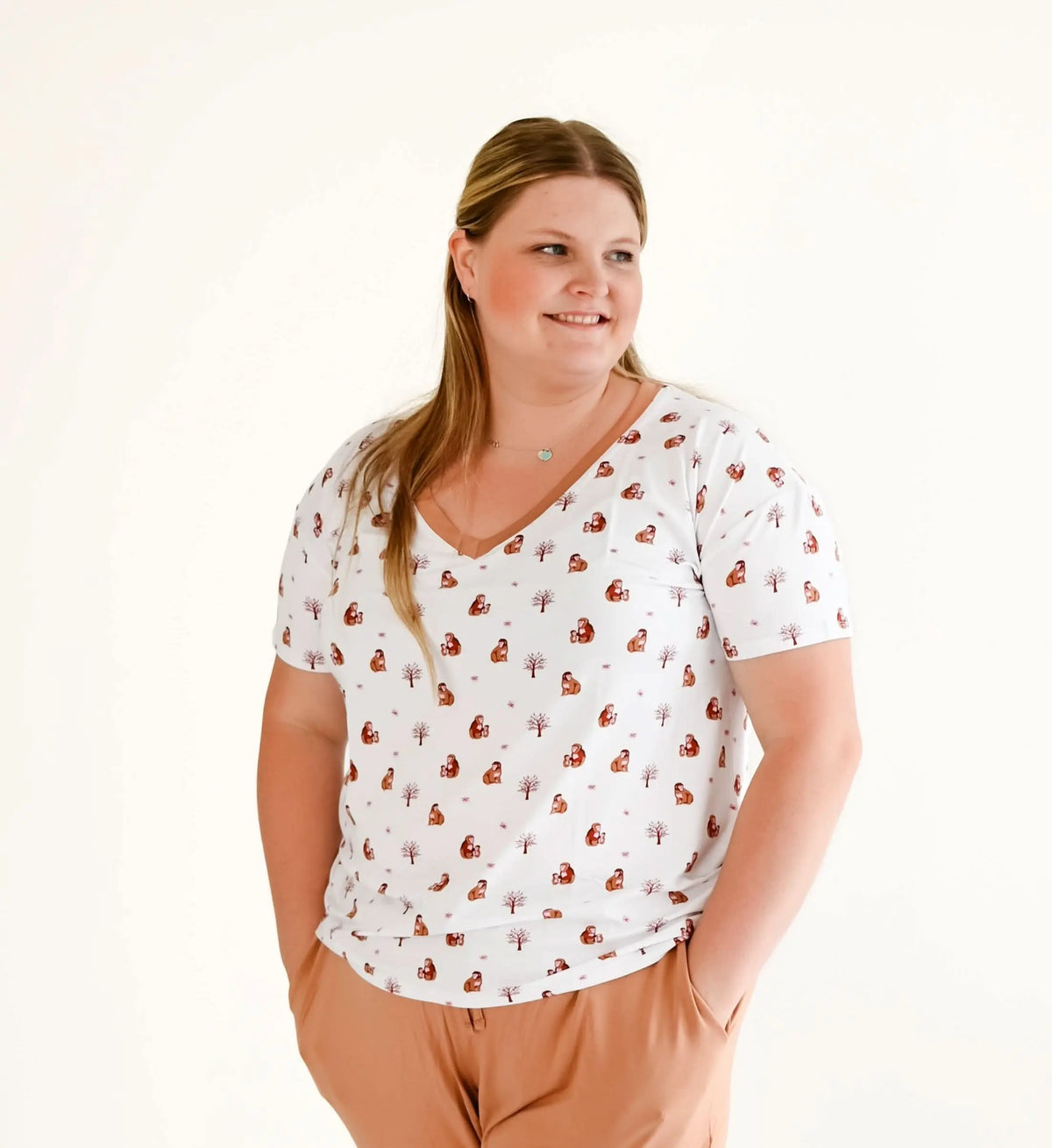 Macaque | Adult Short Sleeve V Neck - Sleeve, Facial expression, Happiness, Heart, Love | Everetts Place