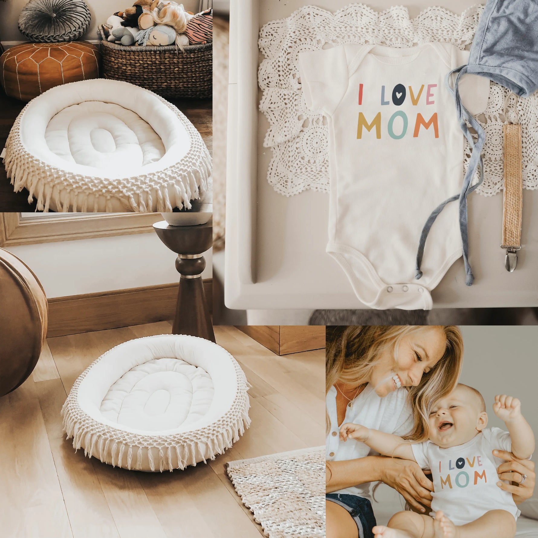 Finn + Emma Macrame Oval Play Mat & Love Mom Bodysuit Bundle - 