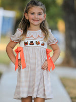 Thanksgiving Smocked Girls Dress Turkey Pumpkin Pie Embroidery by Rylee Faith Designs