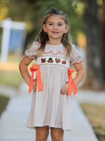 Thanksgiving Smocked Girls Dress Turkey Pumpkin Pie Embroidery by Rylee Faith Designs