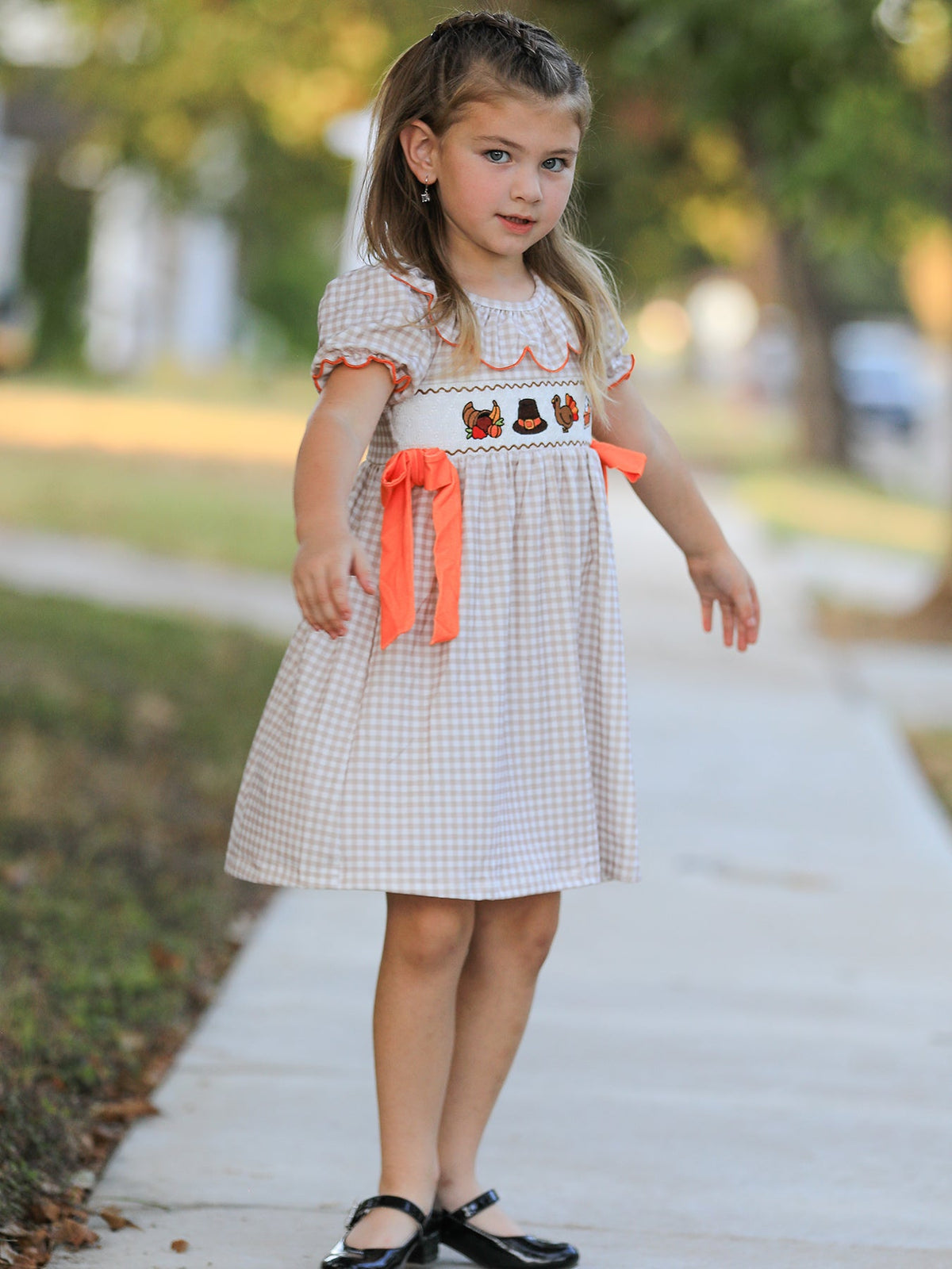 Thanksgiving Smocked Girls Dress Turkey Pumpkin Pie Embroidery by Rylee Faith Designs