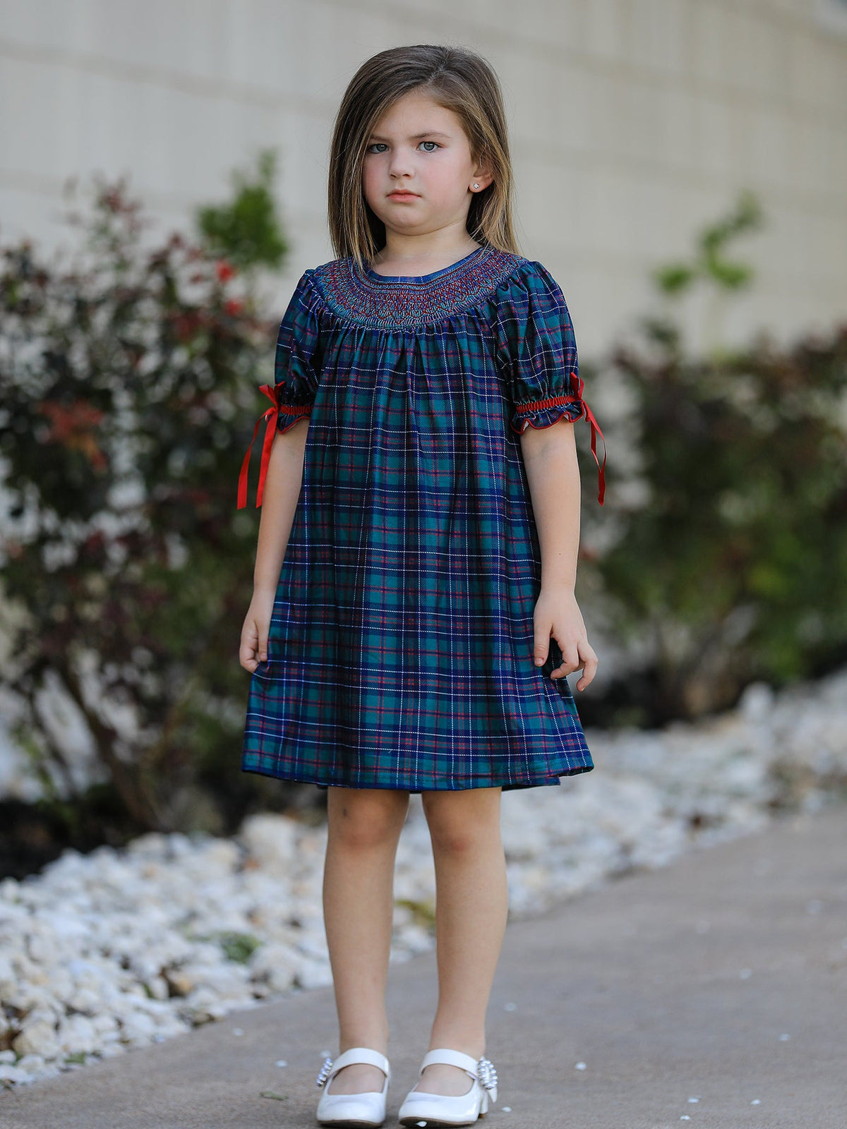 Christmas Girls Plaid Smocked Dres Puff Sleeves by Rylee Faith Designs
