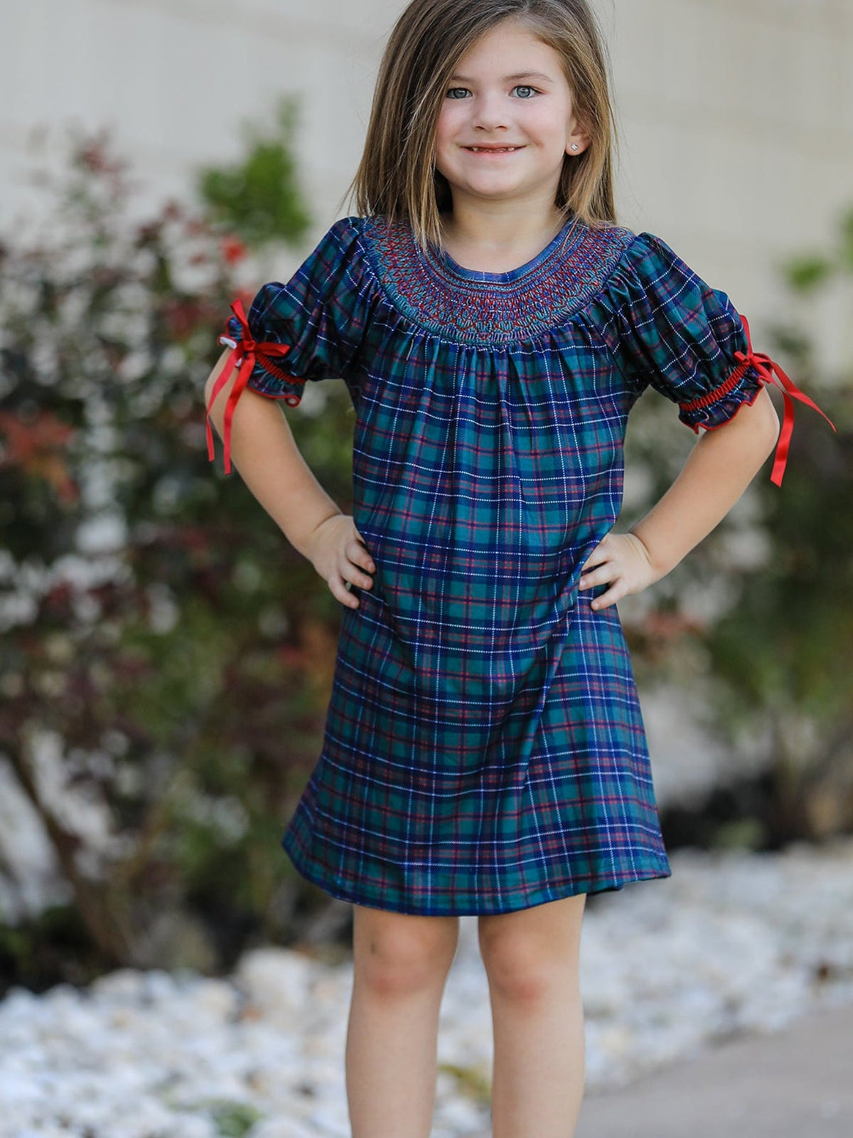 Christmas Girls Plaid Smocked Dres Puff Sleeves by Rylee Faith Designs