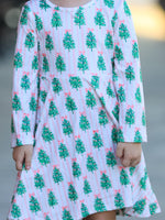 Christmas Girls Pink Stripe Tree Bow Twirl Dress by Rylee Faith Designs