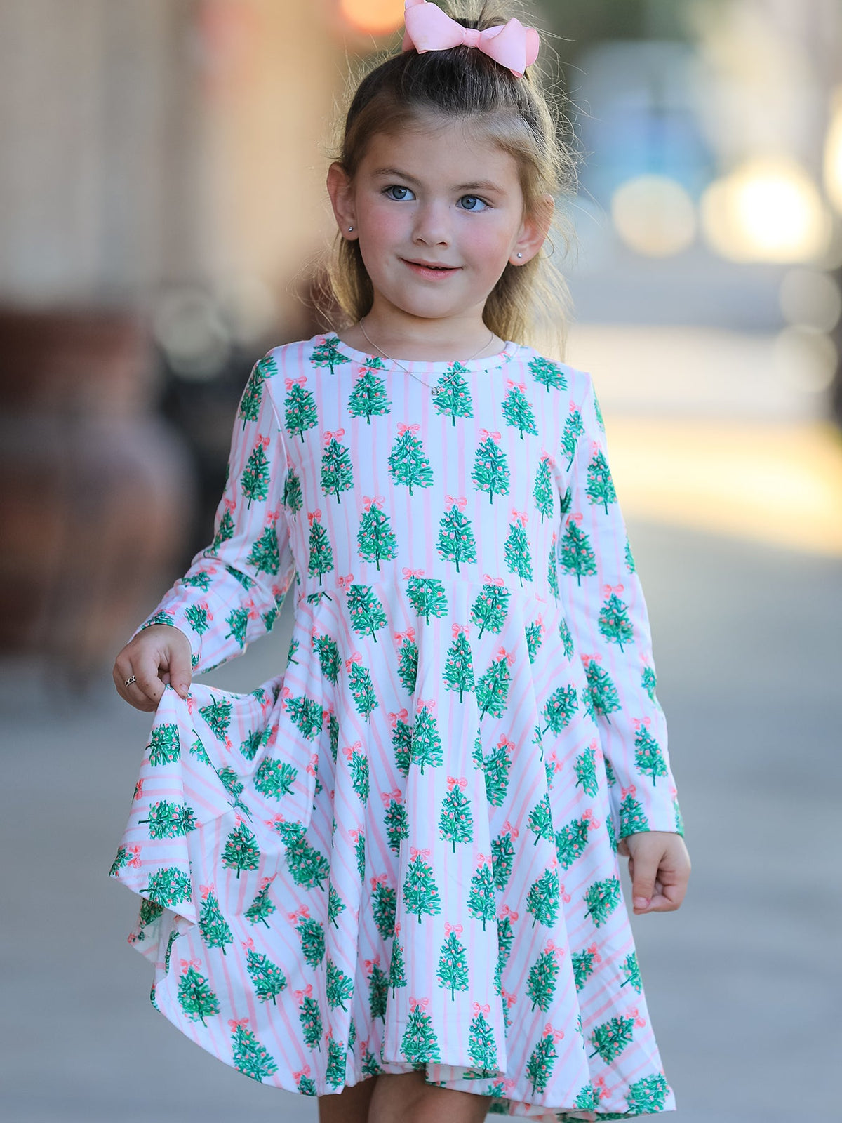 Christmas Girls Pink Stripe Tree Bow Twirl Dress by Rylee Faith Designs