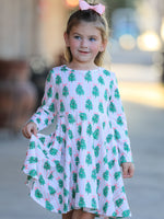 Christmas Girls Pink Stripe Tree Bow Twirl Dress by Rylee Faith Designs