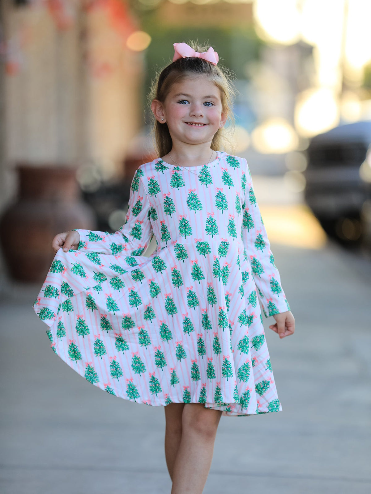 Christmas Girls Pink Stripe Tree Bow Twirl Dress by Rylee Faith Designs