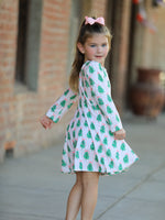 Christmas Girls Pink Stripe Tree Bow Twirl Dress by Rylee Faith Designs