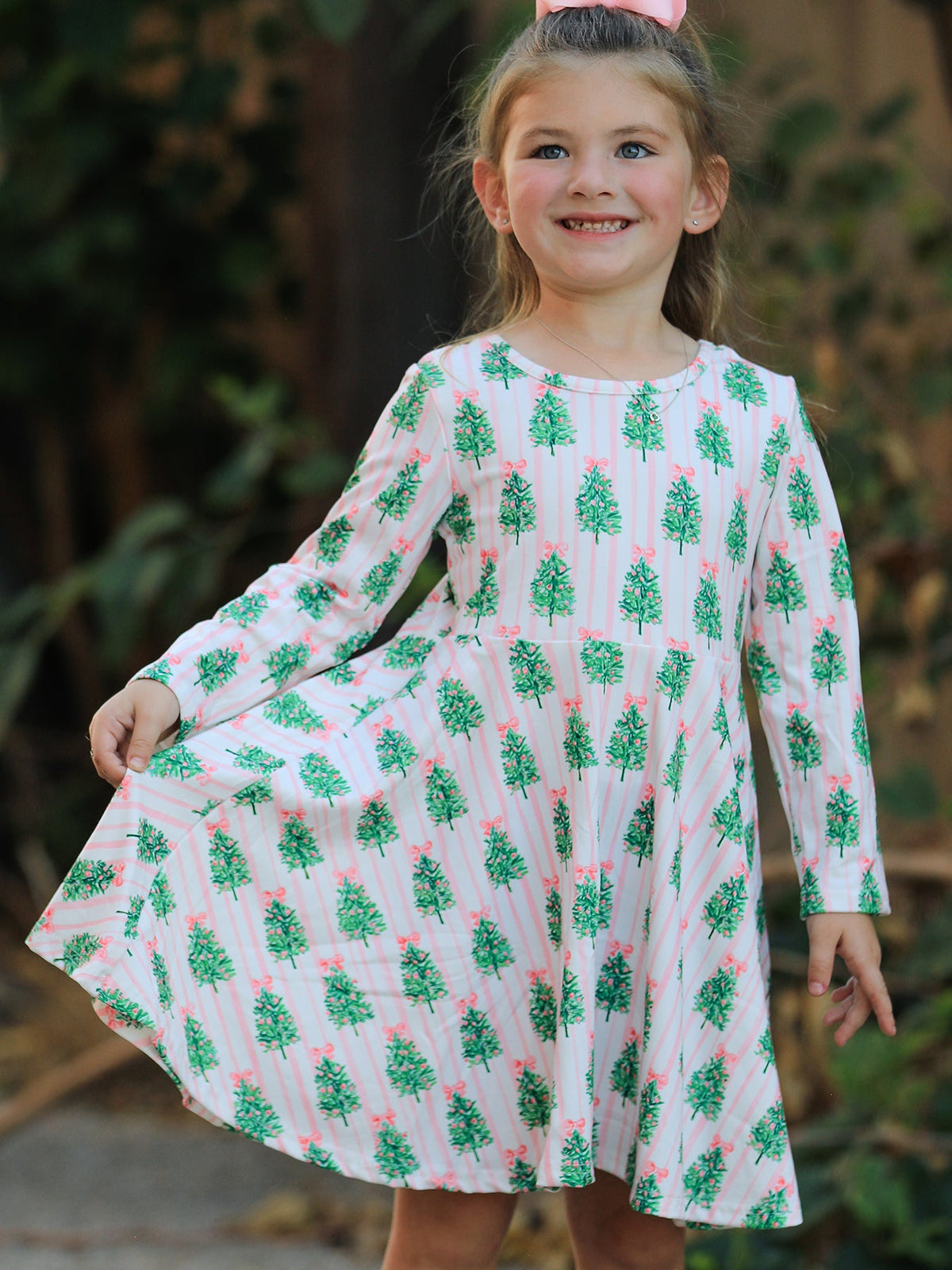 Christmas Girls Pink Stripe Tree Bow Twirl Dress by Rylee Faith Designs