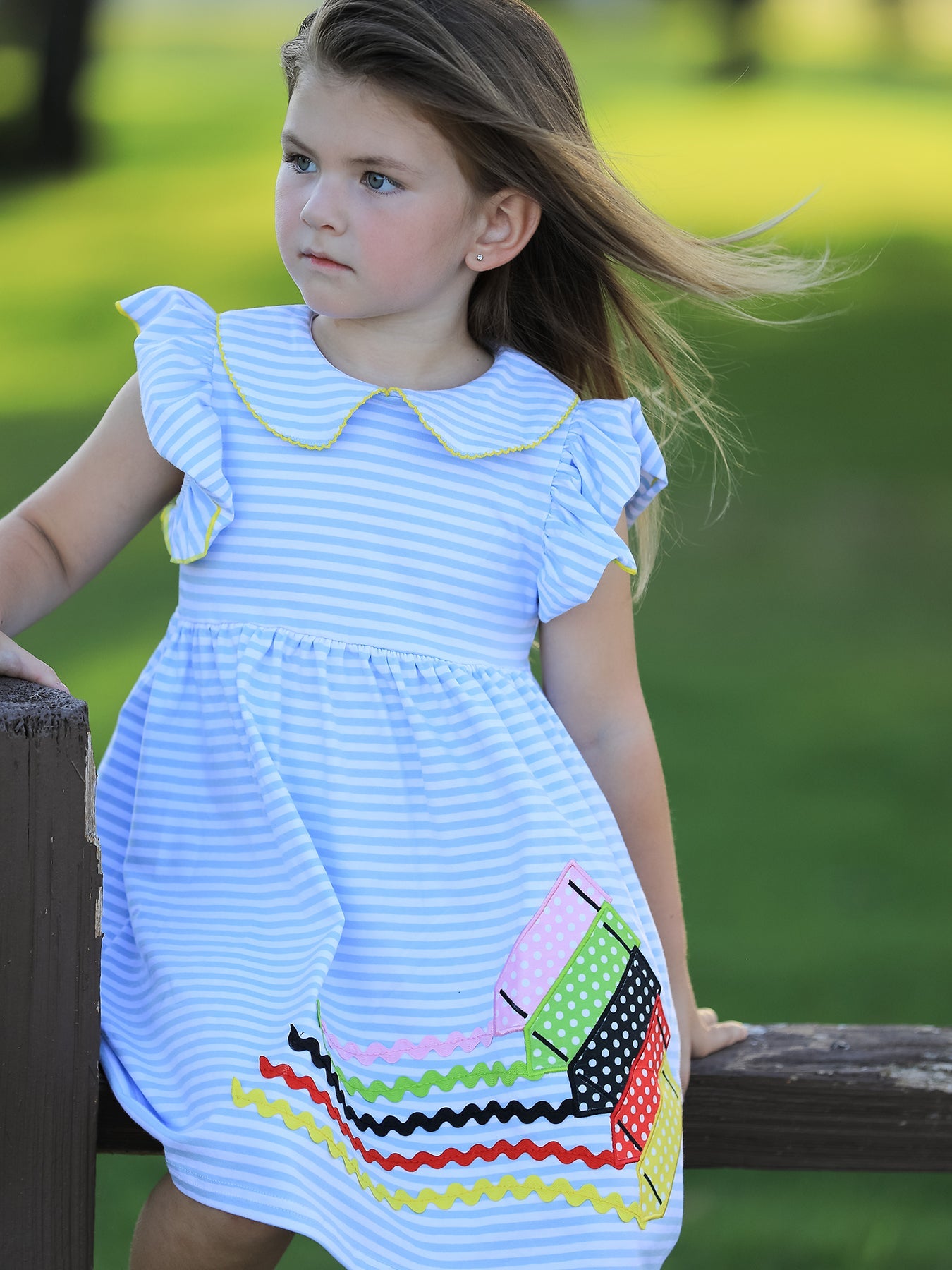 Cotton Spandex Twirl Dress, Ruffle Petal Collar Applique