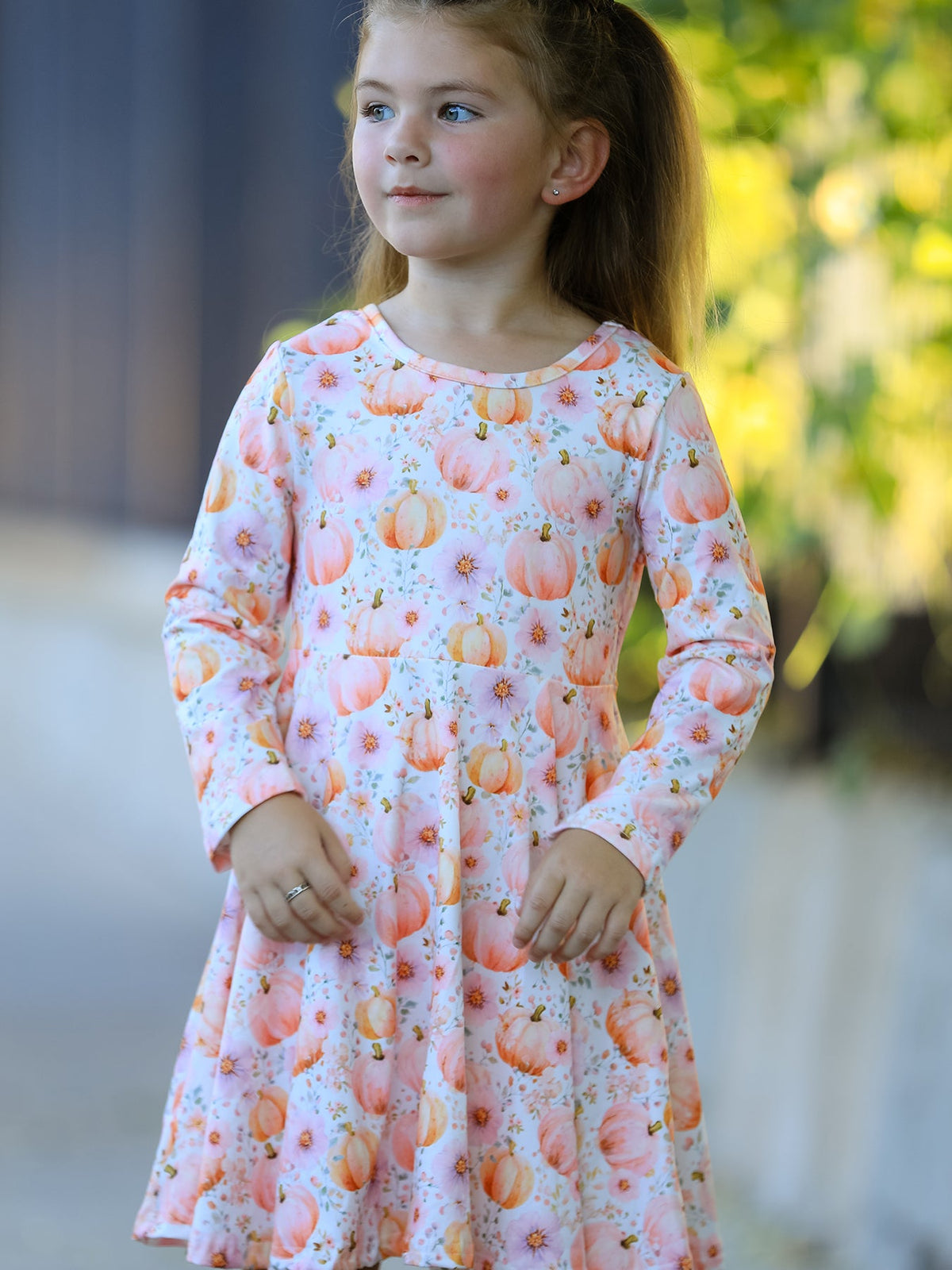 Polyester Spandex Girls Long Sleeve Twirl Dress - Pink Pumpkin by Rylee Faith Designs