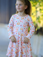 Polyester Spandex Girls Long Sleeve Twirl Dress - Pink Pumpkin by Rylee Faith Designs