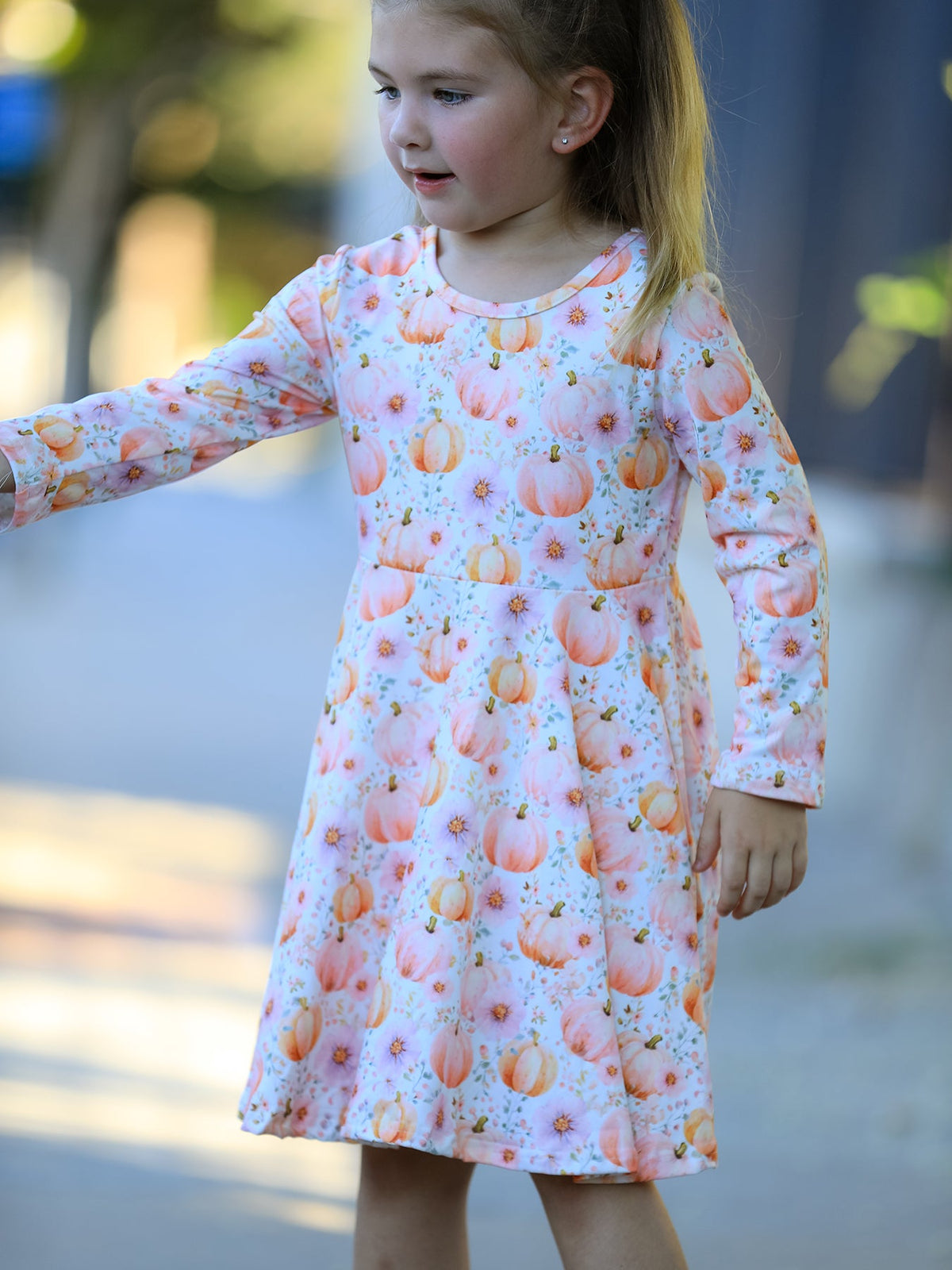 Polyester Spandex Girls Long Sleeve Twirl Dress - Pink Pumpkin by Rylee Faith Designs